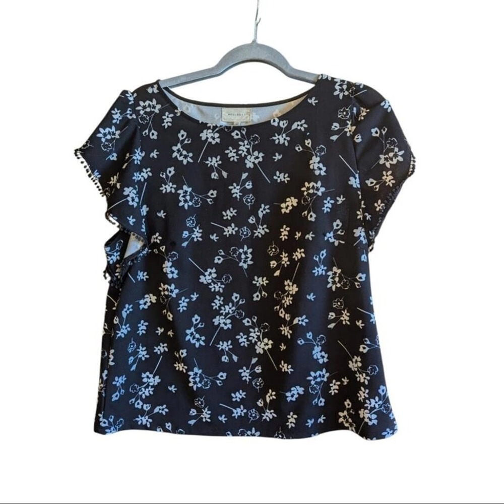 Black & White Floral Short Flutter Sleeve Pom Pom Trim Blouse Top Womens Sz L